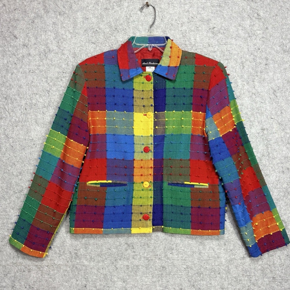 Rainbow Plaid Patchwork Jacket Blazer Women's M Art Wear Cotton VTG Punk Teacher